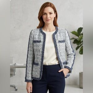 Rebecca Taylor Blue White Tweed Fringe Jacket
Size 8 Cotton Blend Professional